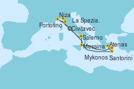 Visitando Civitavecchia (Roma), Portofino (Italia), La Spezia, Florencia y Pisa (Italia), La Spezia, Florencia y Pisa (Italia), Niza (Francia), Messina (Sicilia), Santorini (Grecia), Atenas (Grecia), Mykonos (Grecia), Salerno (Italia), Civitavecchia (Roma)