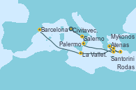 Visitando Civitavecchia (Roma), Salerno (Italia), Palermo (Italia), Santorini (Grecia), Atenas (Grecia), Rodas (Grecia), Mykonos (Grecia), La Valletta (Malta), Barcelona