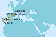 Visitando Barcelona, Cádiz (España), Lisboa (Portugal), Funchal (Madeira), Funchal (Madeira), Casablanca (Marruecos), Palma de Mallorca (España), Barcelona