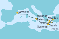 Visitando Atenas (Grecia), Santorini (Grecia), Rodas (Grecia), Mykonos (Grecia), Kusadasi (Efeso/Turquía), Chania (Creta/Grecia), Palermo (Italia), Barcelona