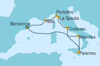 Visitando Barcelona, Nápoles (Italia), Palermo (Italia), Civitavecchia (Roma), La Spezia, Florencia y Pisa (Italia), Portofino (Italia), Niza (Francia), Barcelona