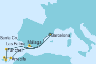 Visitando Barcelona, Arrecife (Lanzarote/España), Santa Cruz de Tenerife (España), Las Palmas de Gran Canaria (España), Funchal (Madeira), Funchal (Madeira), Málaga, Barcelona