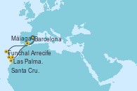 Visitando Barcelona, Funchal (Madeira), Funchal (Madeira), Las Palmas de Gran Canaria (España), Santa Cruz de Tenerife (España), Arrecife (Lanzarote/España), Málaga, Barcelona