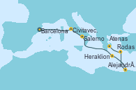 Visitando Barcelona, Civitavecchia (Roma), Salerno (Italia), Heraklion (Creta), Alejandría (Egipto), Alejandría (Egipto), Rodas (Grecia), Atenas (Grecia), Atenas (Grecia)