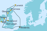 Visitando Ámsterdam (Holanda), Liverpool (Reino Unido), Dun Laoghaire (Dublin/Irlanda), Cork (Irlanda), Galway (Irlanda), Glasgow (Escocia), Lerwick (Escocia), Inverness (Escocia), Ámsterdam (Holanda)