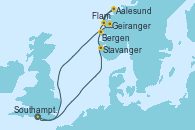 Visitando Southampton (Inglaterra), Stavanger (Noruega), Geiranger (Noruega), Aalesund (Noruega), Flam (Noruega), Bergen (Noruega), Southampton (Inglaterra)
