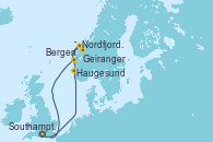 Visitando Southampton (Inglaterra), Haugesund (Noruega), Nordfjordeid, Geiranger (Noruega), Bergen (Noruega), Southampton (Inglaterra)