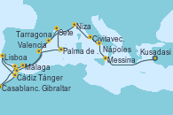 Visitando Kusadasi (Efeso/Turquía), Messina (Sicilia), Nápoles (Italia), Civitavecchia (Roma), Niza (Francia), Tarragona (España), Tarragona (España), Tarragona (España), Málaga, Gibraltar (Inglaterra), Casablanca (Marruecos), Cádiz (España), Lisboa (Portugal), Lisboa (Portugal), Tánger (Marruecos), Valencia, Palma de Mallorca (España), Sete (Francia), Tarragona (España)