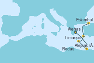 Visitando Atenas (Grecia), Alejandría (Egipto), Alejandría (Egipto), Limassol (Chipre), Rodas (Grecia), Estambul (Turquía)