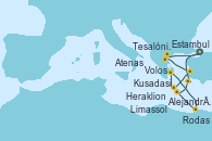 Visitando Estambul (Turquía), Estambul (Turquía), Tesalónica (Grecia), Volos (Grecia), Kusadasi (Efeso/Turquía), Heraklion (Creta), Atenas (Grecia), Atenas (Grecia), Alejandría (Egipto), Alejandría (Egipto), Limassol (Chipre), Rodas (Grecia), Estambul (Turquía)