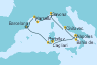 Visitando Barcelona, Portoflavia & Carloforte -  Experiencia a bordo, Cagliari (Cerdeña), Nápoles (Italia), Bahía de Capri - Experiencia a bordo, Civitavecchia (Roma), Savona (Italia), Bahía de las Calanques - Experiencia a bordo, Marsella (Francia), Barcelona