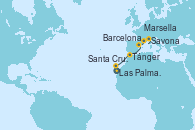 Visitando Las Palmas de Gran Canaria (España), Santa Cruz de Tenerife (España), Tánger (Marruecos), Barcelona, Marsella (Francia), Savona (Italia)
