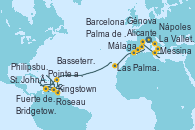 Visitando Génova (Italia), Nápoles (Italia), Messina (Sicilia), La Valletta (Malta), Barcelona, Palma de Mallorca (España), Alicante (España), Málaga, Las Palmas de Gran Canaria (España), St. John´s (Antigua y Barbuda), Kingstown (Granadinas), Bridgetown (Barbados), Fuerte de France (Martinica), Pointe a Pitre (Guadalupe), St. John´s (Antigua y Barbuda), Philipsburg (St. Maarten), Basseterre (Antillas), Roseau (Dominica), Fuerte de France (Martinica)