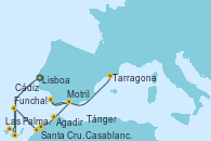 Visitando Lisboa (Portugal), Las Palmas de Gran Canaria (España), Santa Cruz de Tenerife (España), Funchal (Madeira), Agadir (Marruecos), Casablanca (Marruecos), Tánger (Marruecos), Motril (Granada/Andalucía), Cádiz (España), Tarragona (España)