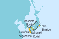 Visitando Tokio (Japón), Kochi (Japón), Kyoto (Japón), Kyoto (Japón), Fukuoka (Japón), Busán (Corea del Sur), Nagasaki (Japón), Kagoshima (Japón), Hiroshima (Japón), Shimizu (Japón), Tokio (Japón)