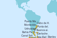 Visitando Buenos aires, Punta del Este (Uruguay), Montevideo (Uruguay), Ushuaia (Argentina), Cabo de Hornos (Chile), Gerlache Strait (Antártida), Bahía Paraíso (Antártida), Canal Schollart (Antártida), Isla Elefante (Antártida), Stanley (Malvinas), Puerto Madryn (Argentina), Buenos aires
