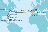Visitando La Romana (República Dominicana), Freeport (Bahamas), Fort Lauderdale (Florida/EEUU), Puerto Cañaveral (Florida), Nueva York (Estados Unidos), Nueva York (Estados Unidos), Boston (Massachusetts), Ponta Delgada (Azores), Lisboa (Portugal), Cádiz (España), Barcelona