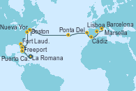 Visitando La Romana (República Dominicana), Freeport (Bahamas), Fort Lauderdale (Florida/EEUU), Puerto Cañaveral (Florida), Nueva York (Estados Unidos), Nueva York (Estados Unidos), Boston (Massachusetts), Ponta Delgada (Azores), Lisboa (Portugal), Cádiz (España), Barcelona, Marsella (Francia)