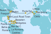 Visitando La Romana (República Dominicana), Mar del Caribe - Experiencia a bordo, Castries (Santa Lucía/Caribe), Bridgetown (Barbados), Pointe a Pitre (Guadalupe), Bahía de Guadalupe - Experiencia a bordo, Bahía de Guadalupe - Experiencia a bordo, Basseterre (Antillas), Road Town (Isla Tórtola/Islas Vírgenes), La Romana (República Dominicana), Freeport (Bahamas), Fort Lauderdale (Florida/EEUU), Puerto Cañaveral (Florida), Nueva York (Estados Unidos), Nueva York (Estados Unidos), Boston (Massachusetts), Ponta Delgada (Azores), Lisboa (Portugal), Cádiz (España), Barcelona