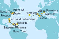 Visitando Pointe a Pitre (Guadalupe)Bahía de Guadalupe - Experiencia a bordo, Bahía de Guadalupe - Experiencia a bordo, Basseterre (Antillas), Road Town (Isla Tórtola/Islas Vírgenes), La Romana (República Dominicana), Freeport (Bahamas), Fort Lauderdale (Florida/EEUU), Puerto Cañaveral (Florida), Nueva York (Estados Unidos), Nueva York (Estados Unidos), Boston (Massachusetts), Ponta Delgada (Azores), Lisboa (Portugal), Cádiz (España), Barcelona, Marsella (Francia)