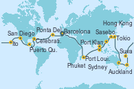 Visitando Barcelona, Cádiz (España), Lisboa (Portugal), Ponta Delgada (Azores), Nueva York (Estados Unidos), Nueva York (Estados Unidos), Fort Lauderdale (Florida/EEUU), Fort Lauderdale (Florida/EEUU), Celebration Key, The Bahamas, Colón, Puntarenas (Costa Rica), Puerto Quetzal (Guatemala), Puerto Vallarta (México), Cabo San Lucas (México), San Diego (California/EEUU), Los Ángeles (California), Los Ángeles (California), San Francisco (California/EEUU), Ito (Hilo), Honolulu (Hawái), Apia (Samoa), Suva (Fiyi), Nukualofa (Tongatapu), Tauranga (Nueva Zelanda), Auckland (Nueva Zelanda), Bay of Islands (Nueva Zelanda), Melbourne (Australia), Sydney (Australia), Sydney (Australia), Cairns (Australia), Rabaul (Papúa Nueva Guinea), Tokio (Japón), Tokio (Japón), Shimizu (Japón), Kobe (Japón), Sasebo (Japón), Busán (Corea del Sur), Keelung (Taiwán), Hong Kong (China), Ciudad Ho Chi Minh (Vietnam), Singapur, Port Klang (Malasia), Penang (Malasia), Langkawi (Malasia), Phuket (Tailandia), Colombo (Sri Lanka), Malé (Maldivas), Port Louis  (Mauricio), Durban (Sudáfrica), Port Elizabeth (San Vicente y Granadinas), Ciudad del Cabo (Sudáfrica), Walvis Bay (Namibia), Mindelo (Cabo Verde), Las Palmas de Gran Canaria (España), Barcelona