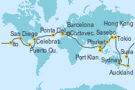 Visitando Civitavecchia (Roma), Savona (Italia), Marsella (Francia), Barcelona, Cádiz (España), Lisboa (Portugal), Ponta Delgada (Azores), Nueva York (Estados Unidos), Nueva York (Estados Unidos), Fort Lauderdale (Florida/EEUU), Fort Lauderdale (Florida/EEUU), Celebration Key, The Bahamas, Colón, Puntarenas (Costa Rica), Puerto Quetzal (Guatemala), Puerto Vallarta (México), Cabo San Lucas (México), San Diego (California/EEUU), Los Ángeles (California), Los Ángeles (California), San Francisco (California/EEUU), Ito (Hilo), Honolulu (Hawái), Apia (Samoa), Suva (Fiyi), Nukualofa (Tongatapu), Tauranga (Nueva Zelanda), Auckland (Nueva Zelanda), Bay of Islands (Nueva Zelanda), Melbourne (Australia), Sydney (Australia), Sydney (Australia), Cairns (Australia), Rabaul (Papúa Nueva Guinea), Tokio (Japón), Tokio (Japón), Shimizu (Japón), Kobe (Japón), Sasebo (Japón), Busán (Corea del Sur), Keelung (Taiwán), Hong Kong (China), Ciudad Ho Chi Minh (Vietnam), Singapur, Port Klang (Malasia), Penang (Malasia), Langkawi (Malasia), Phuket (Tailandia), Colombo (Sri Lanka), Malé (Maldivas), Port Louis (Mauricio), Durban (Sudáfrica), Port Elizabeth (San Vicente y Granadinas), Ciudad del Cabo (Sudáfrica), Walvis Bay (Namibia), Mindelo (Cabo Verde), Las Palmas de Gran Canaria (España), Barcelona, Marsella (Francia), Savona (Italia), Civitavecchia (Roma)