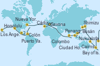 Visitando Savona (Italia), Marsella (Francia), Barcelona, Cádiz (España), Lisboa (Portugal), Ponta Delgada (Azores), Nueva York (Estados Unidos), Nueva York (Estados Unidos), Fort Lauderdale (Florida/EEUU), Fort Lauderdale (Florida/EEUU), Celebration Key, The Bahamas, Colón, Puntarenas (Costa Rica), Puerto Quetzal (Guatemala), Puerto Vallarta (México), Cabo San Lucas (México), San Diego (California/EEUU), Los Ángeles (California), Los Ángeles (California), San Francisco (California/EEUU), Ito (Hilo), Honolulu (Hawái), Apia (Samoa), Suva (Fiyi), Nukualofa (Tongatapu), Tauranga (Nueva Zelanda), Auckland (Nueva Zelanda), Bay of Islands (Nueva Zelanda), Melbourne (Australia), Sydney (Australia), Sydney (Australia), Cairns (Australia), Rabaul (Papúa Nueva Guinea), Tokio (Japón), Tokio (Japón), Shimizu (Japón), Kobe (Japón), Sasebo (Japón), Busán (Corea del Sur), Keelung (Taiwán), Hong Kong (China), Ciudad Ho Chi Minh (Vietnam), Singapur, Port Klang (Malasia), Penang (Malasia), Langkawi (Malasia), Phuket (Tailandia), Colombo (Sri Lanka), Malé (Maldivas), Port Louis  (Mauricio), Durban (Sudáfrica), Port Elizabeth (San Vicente y Granadinas), Ciudad del Cabo (Sudáfrica), Walvis Bay (Namibia), Mindelo (Cabo Verde), Las Palmas de Gran Canaria (España), Barcelona, Marsella (Francia), Savona (Italia)