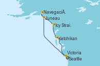Visitando Seattle (Washington/EEUU), Juneau (Alaska), Navegación por Glaciar Hubbard (Alaska), Icy Strait Point (Alaska), Ketchikan (Alaska), Victoria (Canadá), Seattle (Washington/EEUU)