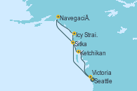 Visitando Seattle (Washington/EEUU), Sitka (Alaska), Navegación por Glaciar Hubbard (Alaska), Icy Strait Point (Alaska), Ketchikan (Alaska), Victoria (Canadá), Seattle (Washington/EEUU)