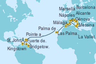 Visitando Marsella (Francia), Génova (Italia), Nápoles (Italia), Messina (Sicilia), La Valletta (Malta), Barcelona, Palma de Mallorca (España), Alicante (España), Málaga, Las Palmas de Gran Canaria (España), St. John´s (Antigua y Barbuda), Kingstown (Granadinas), Bridgetown (Barbados), Fuerte de France (Martinica), Pointe a Pitre (Guadalupe)