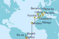 Visitando Santos (Brasil), Río de Janeiro (Brasil), Maceió (Brasil), Mindelo (Cabo Verde), Funchal (Madeira), Lisboa (Portugal), Casablanca (Marruecos), Málaga, Palma de Mallorca (España), Barcelona, Marsella (Francia)