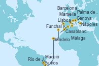 Visitando Santos (Brasil), Río de Janeiro (Brasil), Maceió (Brasil), Mindelo (Cabo Verde), Funchal (Madeira), Lisboa (Portugal), Casablanca (Marruecos), Málaga, Palma de Mallorca (España), Barcelona, Marsella (Francia), Génova (Italia), Nápoles (Italia)