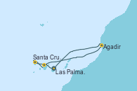 Visitando Las Palmas de Gran Canaria (España), Santa Cruz de la Palma (España), Santa Cruz de Tenerife (España), Santa Cruz de Tenerife (España), Agadir (Marruecos), Las Palmas de Gran Canaria (España), Las Palmas de Gran Canaria (España)