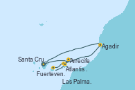 Visitando Santa Cruz de Tenerife (España), Arrecife (Lanzarote/España), Atlantis crest Oeste - Experiencia a bordo, Fuerteventura (Canarias/España), Las Palmas de Gran Canaria (España), Agadir (Marruecos), Santa Cruz de Tenerife (España), Santa Cruz de Tenerife (España)