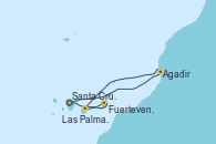 Visitando Santa Cruz de Tenerife (España), Santa Cruz de Tenerife (España), Agadir (Marruecos), Las Palmas de Gran Canaria (España), Las Palmas de Gran Canaria (España), Fuerteventura (Canarias/España), Santa Cruz de Tenerife (España)