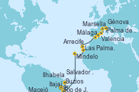 Visitando Itajaí (Brasil), Ilhabela (Brasil), Río de Janeiro (Brasil), Buzios (Brasil), Salvador de Bahía (Brasil), Maceió (Brasil), Mindelo (Cabo Verde), Las Palmas de Gran Canaria (España), Arrecife (Lanzarote/España), Málaga, Valencia, Palma de Mallorca (España), Marsella (Francia) y Génova (Italia)
