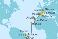 Visitando Río de Janeiro (Brasil), Buzios (Brasil), Salvador de Bahía (Brasil), Maceió (Brasil), Mindelo (Cabo Verde), Las Palmas de Gran Canaria (España), Arrecife (Lanzarote/España), Málaga, Valencia, Palma de Mallorca (España), Marsella (Francia), Génova (Italia)