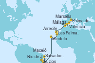 Visitando Río de Janeiro (Brasil), Buzios (Brasil), Salvador de Bahía (Brasil), Maceió (Brasil), Mindelo (Cabo Verde), Las Palmas de Gran Canaria (España), Arrecife (Lanzarote/España), Málaga, Valencia, Palma de Mallorca (España), Marsella (Francia)