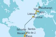 Visitando Southampton (Inglaterra), Gijón (Asturias/España), Vigo (España), Lisboa (Portugal), Funchal (Madeira), Maceió (Brasil), Salvador de Bahía (Brasil), Ilheus (Brasil), Río de Janeiro (Brasil), Santos (Brasil)