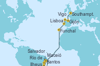 Visitando Santos (Brasil), Río de Janeiro (Brasil), Ilheus (Brasil), Salvador de Bahía (Brasil), Maceió (Brasil), Funchal (Madeira), Lisboa (Portugal), Vigo (España), Gijón (Asturias/España), Southampton (Inglaterra)