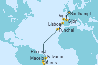 Visitando Southampton (Inglaterra), Gijón (Asturias/España), Vigo (España), Lisboa (Portugal), Funchal (Madeira), Maceió (Brasil), Salvador de Bahía (Brasil), Ilheus (Brasil), Río de Janeiro (Brasil) Visitando Southampton (Inglaterra), Gijón (Asturias/España), Vigo (España), Lisboa (Portugal), Funchal (Madeira), Maceió (Brasil), Salvador de Bahía (Brasil), Ilheus (Brasil), Río de Janeiro (Brasil)