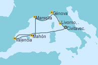 Visitando Civitavecchia (Roma), Valencia, Mahón (Menorca/España), Marsella (Francia), Génova (Italia), Livorno, Pisa y Florencia (Italia), Civitavecchia (Roma)
