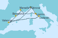 Visitando Génova (Italia), Livorno, Pisa y Florencia (Italia), Civitavecchia (Roma), Valencia, Barcelona, Marsella (Francia), Livorno, Pisa y Florencia (Italia), Civitavecchia (Roma), Valencia, Génova (Italia)
