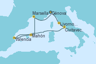 Visitando Génova (Italia), Livorno, Pisa y Florencia (Italia), Civitavecchia (Roma), Valencia, Mahón (Menorca/España), Marsella (Francia), Génova (Italia)