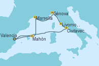 Visitando Valencia, Mahón (Menorca/España), Marsella (Francia), Génova (Italia), Livorno, Pisa y Florencia (Italia), Civitavecchia (Roma), Valencia