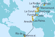 Visitando Buenos aires, Río de Janeiro (Brasil), Las Palmas de Gran Canaria (España), Arrecife (Lanzarote/España), Funchal (Madeira), Cádiz (España), La Coruña (Galicia/España), Bilbao (España), La Rochelle (Francia), Brest (Francia), Cherburgo (Francia), Warnemunde (Alemania)