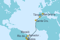 Visitando Río de Janeiro (Brasil), Buzios (Brasil), Salvador de Bahía (Brasil), Maceió (Brasil), Santa Cruz de Tenerife (España), Tánger (Marruecos), Barcelona