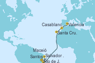 Visitando Santos (Brasil), Río de Janeiro (Brasil), Salvador de Bahía (Brasil), Maceió (Brasil), Santa Cruz de Tenerife (España), Casablanca (Marruecos), Valencia