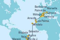 Visitando Itajaí (Brasil), Ilhabela (Brasil), Río de Janeiro (Brasil), Buzios (Brasil), Salvador de Bahía (Brasil), Maceió (Brasil), Mindelo (Cabo Verde), Las Palmas de Gran Canaria (España), Arrecife (Lanzarote/España), Málaga, Valencia, Palma de Mallorca (España), Marsella (Francia), Génova (Italia), Marsella (Francia), Barcelona