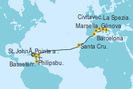 Visitando Pointe a Pitre (Guadalupe), Philipsburg (St. Maarten), Basseterre (Antillas), St. John´s (Antigua y Barbuda), Santa Cruz de Tenerife (España), Barcelona, Marsella (Francia), Génova (Italia), La Spezia, Florencia y Pisa (Italia), Civitavecchia (Roma)